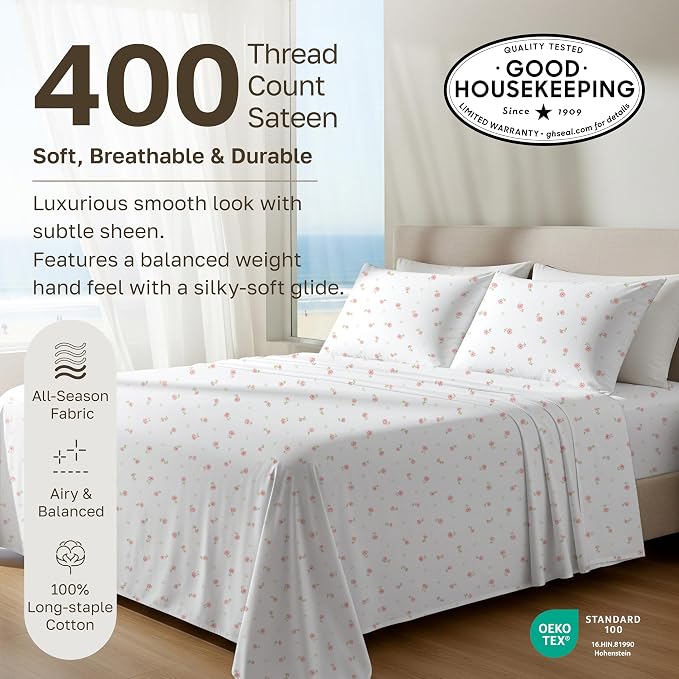 California Design Den Soft 100% Cotton Sateen Twin Size Sheet Set, 3 Pcs | 400 Thread Count Backed by Good Housekeeping Seal, All-Around Elastic, Durable, Easy Care - Soft Floral Print