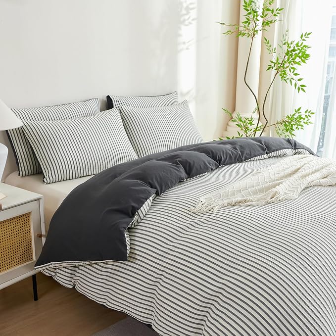 Dark Grey Comforter Set King Soft Luxury Washed Microfiber Jacquard 3 Pieces Bedding, White Grey Vertical Ticking Stripes Pattern Comforter with 2 Pillowcases Breathable Durable Comfy