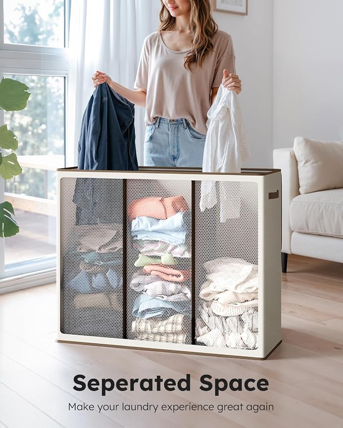 SOLEDI Large Laundry hamper 3 Section with Laundry Bag, XL Clothes Basket | 3-Section Large capacity Laundry Sorter with Odor-Blocking Lid, Robust Iron Frame & Waterproof 600D Fabric, 3 Washable Bags
