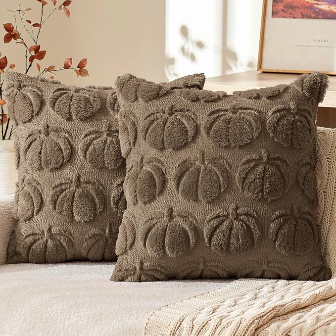 MIULEE Fall Pillow Covers Pumpkin Fall Decor 18x18 Coco Brown | Set of 2 Fall Decorations for Home, Plush Faux Fur Farmhouse Accent Pillowcases, Porch Sofa Couch Cushion Bed Livingroom