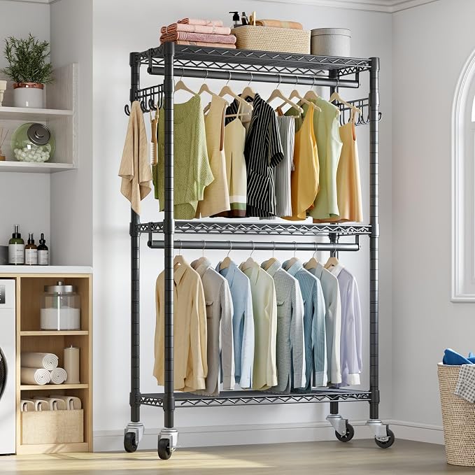 VIPEK R2 Clothes Rack for Hanging Clothes Rolling Clothing Rack Heavy Duty | Lockable Silent Wheels, Double Hanging Rods, Adjustable Wire Shelving/Side Hooks, Load 580lbs Space-Saving for Laundry, Black