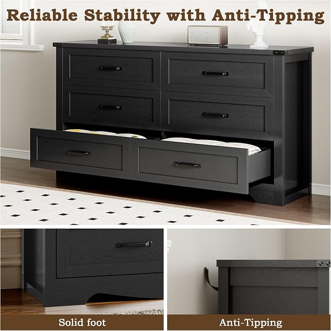 BORNOON 6-Drawer Dresser for Bedroom, Modern Wooden Chest of Drawers with Metal Handles, Anti-Tipping Design, Sturdy and Stable Storage Organizer for Living Room, Entryway, Home Office