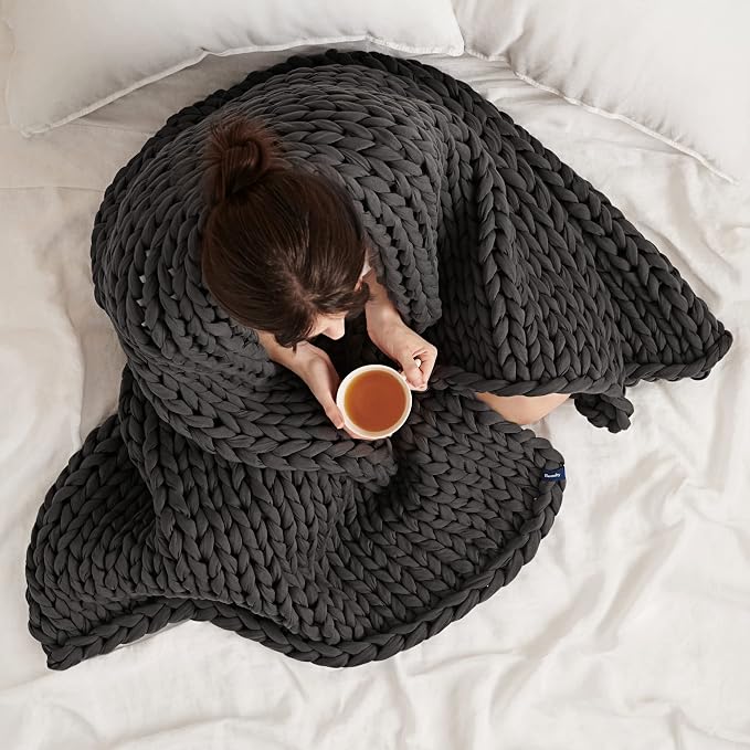 Cotton Hand-Knit Weighted Blankets for Adults - Chunky Knit Blanket - Sustainable, Breathable, Organic, Cooling Weighted Blanket - Machine Washable (Asteroid Grey, 15 lbs, 40"x72")