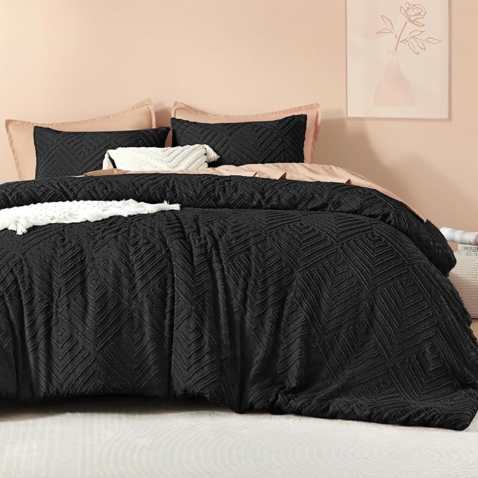 Litanika Super King Plus Comforter Set, 3 Pcs Black Tufted Boho Bedding Set | Farmhouse Shabby Chic Vintage Bohemian Textured Aesthetic Soft Fluffy Lightweight Breathable All Season Bed Set