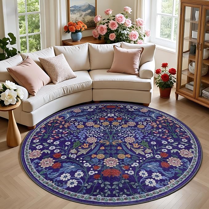 PLHXFR Round Area Rug Living Room: 6 ft Floral Washable Soft Carpet Blue | For Bedroom Dining Room Farmhouse Nursery Hallway,Vintage Floral,Machine washable,Non Slip,Stain Resistant,Large Indoor