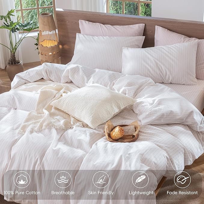 MooMee Striped Duvet Cover Set 100% Washed Cotton Linen Like Full | Relaxed Linen-like Texture. Soft, Breathable & Long-lasting Comfort. Lightweight. Hidden Zipper with 8 Interior Corner Ties