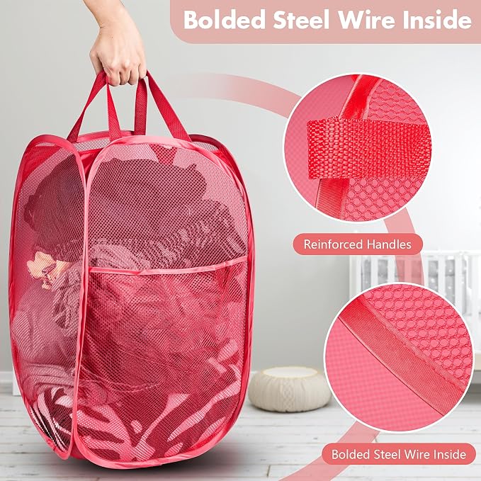 Pop Up Laundry Hamper, 70 L Collapsible Mesh Basket with Side Pocket, Red | Reinforced handles, breathable fabric, foldable, portable for dorm college travel camping cruise, dirty clothes, toys storage
