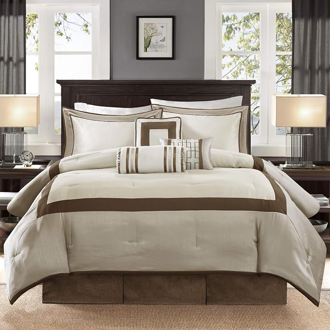 Madison Park Deluxe Hotel Style Comforter Set, 7PC King Bedding Set | All Season Down Alternative Luxury Bedding with Comforter, Shams, Bed Skirt, Decorative Pillows, Taupe/Brown
