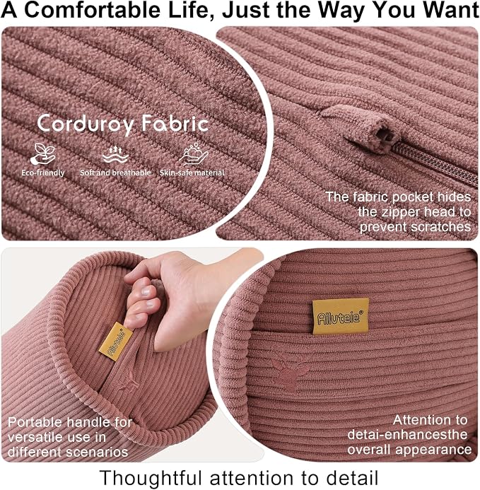 Long Round Body Pillow for Adults – Corduroy Cervical Roll Bolster Pillow, Firm Support for Spine Alignment & Side Sleeping,59 x 7.87 Inches,Brick Brown