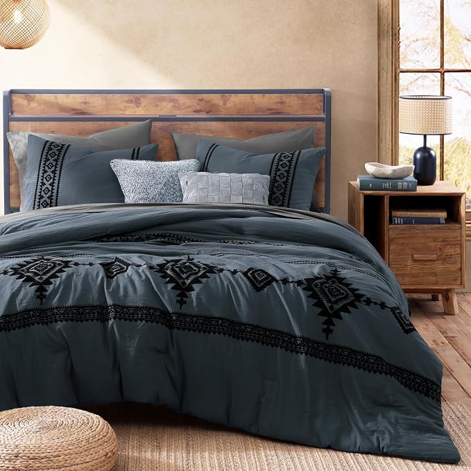MaiRêve Embroidery King Size Comforter Set 7 Pieces Blue Grey Bed in a Bag | Western Boho Farmhouse Bedding Sets with Comforter, Sheets, Pillowcases & Shams
