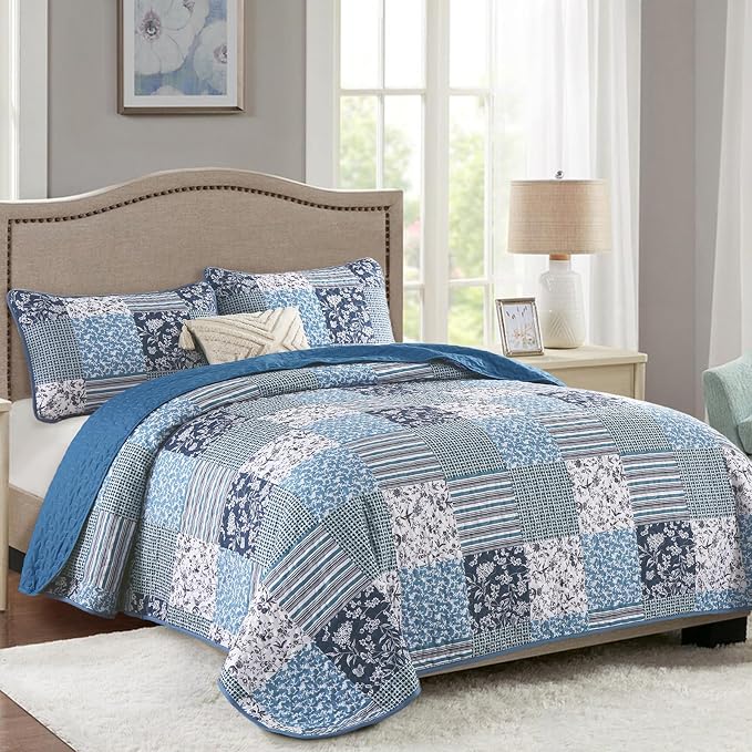 Mybedsoul King Size Quilt, Boho Patchwork Floral Bedding Set, Navy Blue | Soft Lightweight Microfiber Floral Coverlet Set, 3 Pieces Plaid Reversible Bedspread, Bed Sets for All Seasons 90"x110"