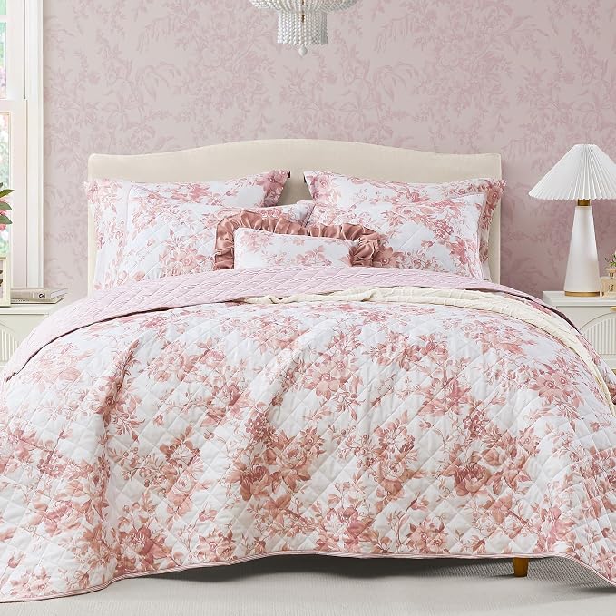 BLOOMHAVEN Queen Quilt Set-3 Pieces Soft Bedding Floral Reversible Coverlet | All Seasons Lightweight Quilts Queen Size for Bed, Breathable Vintage Bedspread with Shams, Dusty Rose Pink