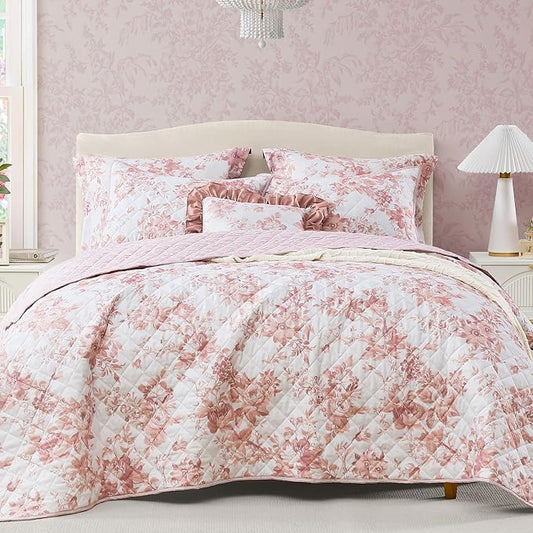 Twin/Twin XL Quilt Set-2 Pieces Soft Bedding Floral Reversible Coverlet | All Seasons Lightweight Quilts Queen Size for Bed, Breathable Vintage Bedspread with Sham, Dusty Rose Pink