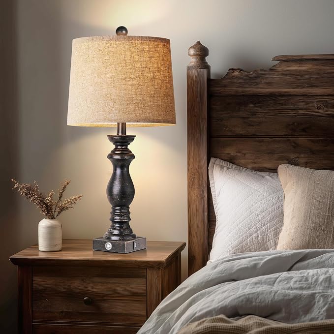 24.5" Table Lamp Set of 2, Rustic Farmhouse Bedside Lamps with USB A+C Charging Ports, 3-Way Dimmable Touch Control Nightstand Lamps for Living Room Bedroom, Antique Black, LED Bulbs Included