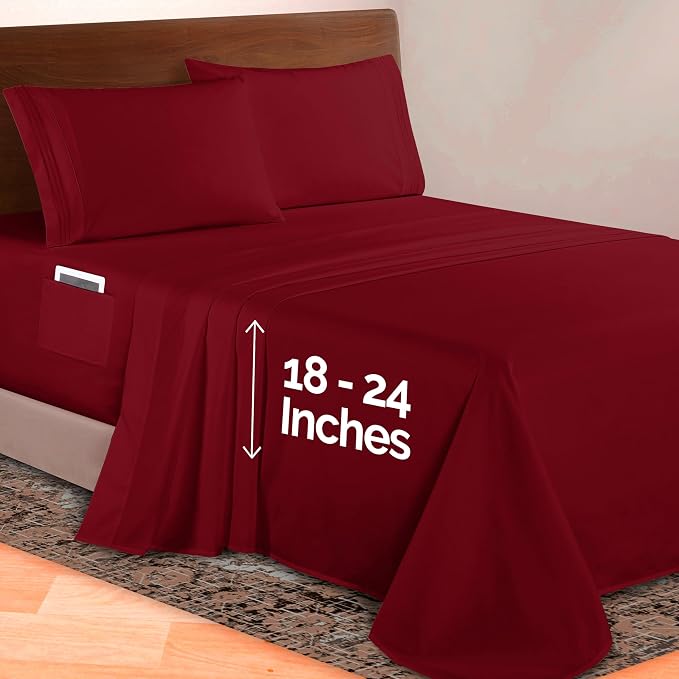 Elegant Comfort Luxurious 1500 Premium Hotel Quality Microfiber 4-Piece Sheet Set, 18-24 Inches Deep - Extra Deep Pocket Sheets - Ultra Soft 4PC Deep Pocket Sheets, Queen, Burgundy