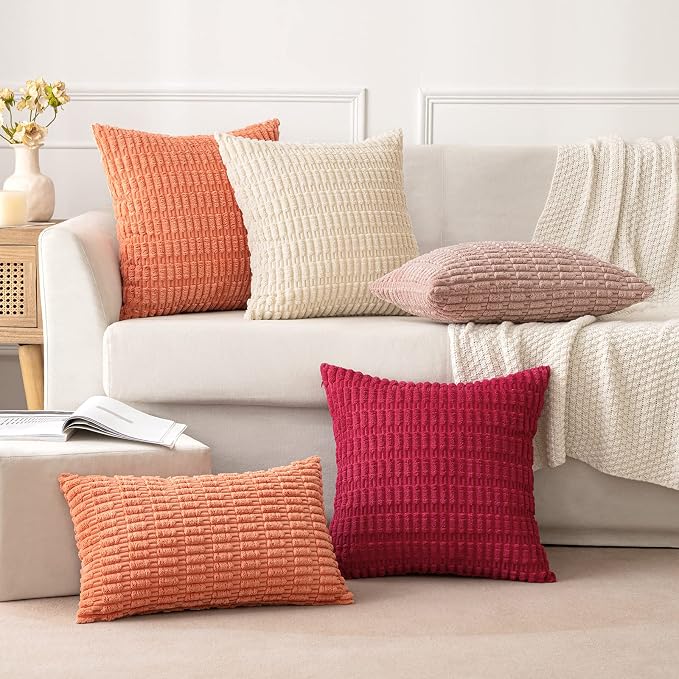 MIULEE Corduroy Decorative Throw Pillow Covers 18x18 Coral Pack of 2 | Soft Boho Striped Pillow Covers Modern Farmhouse Home Decor For Sofa Living Room Couch Bed