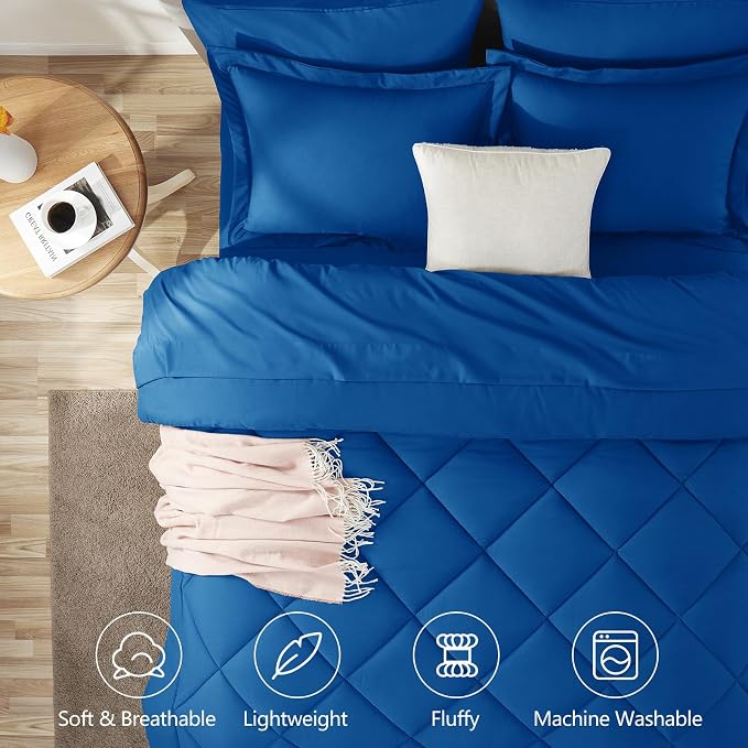Full Size Comforter Sets Classic Blue - 7 Pieces Bed in a Bag | OEKO-TEX Certified, All Season, 240GSM Down-Alternative Comforter, Sheets, Pillowcases & Shams, 14" Deep Pocket, Easy Care