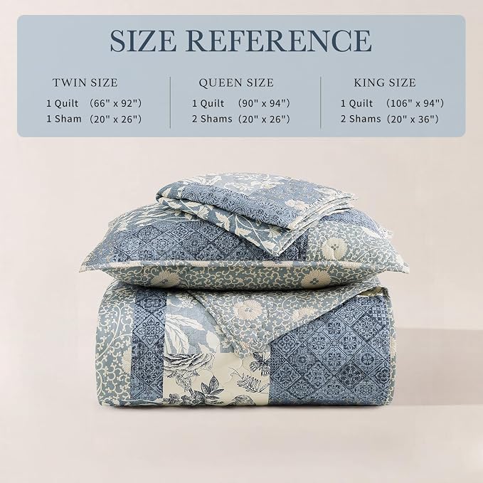 Quilts Queen Size-3 Pieces Soft Queen Bedspread Floral Patchwork Quilt | Lightweight Blue Quilt, Reversible Vintage Floral Bedding Set, All Seasons Bed Coverlet with 2 Pillow Shams, 90"x94"