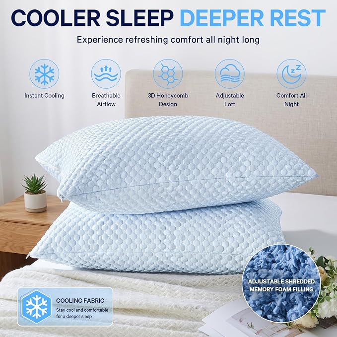 BETU Cooling Pillow Queen Size, Breathable Shredded Memory Foam Cool Pillow for Hot Sleepers, Adjustable Soft Support Bed Pillows for Side, Back, Stomach Sleepers, 3D Honeycomb Breathable Cover