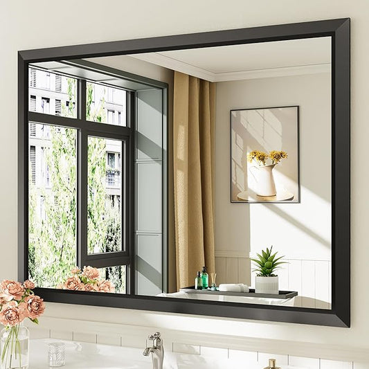 Black Metal Framed Bathroom Wall Mirror, 48x36 Inch | Anti-rust, HD tempered glass, for bathroom vanity, bedroom, living room, horizontal or vertical mount