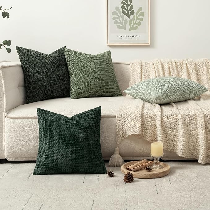 MIULEE Decorative Chenille Euro Pillow Covers Forest Green 22x22 Pack of 4 | Nordic Home Decor, Woodland Forest Bath Set, Couch Throw Pillows, Farmhouse Boho Cushion Covers for Sofa Bed Living Room