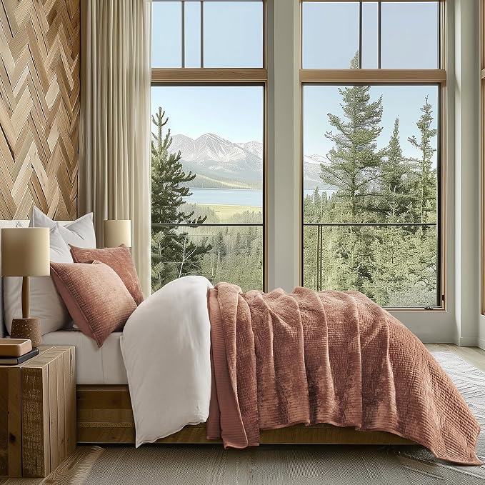 EverGrace Velvet Quilt Set, Oversized Cal King 118"x106", Terracotta Clay | Luxurious Soft Velvet Comforter, Striped Channel Bedding Set, Lightweight Bedspread Coverlet for All Season, with 2 Shams