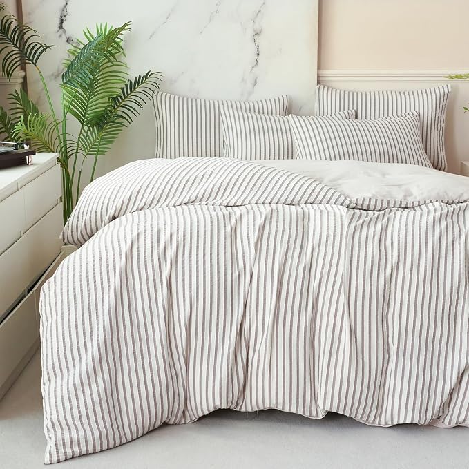 Grey Comforter Set King Soft Luxury Washed Microfiber Jacquard 3 Pieces Bedding, White Grey Vertical Ticking Stripes Pattern Comforter with 2 Pillowcases Breathable Durable Comfy