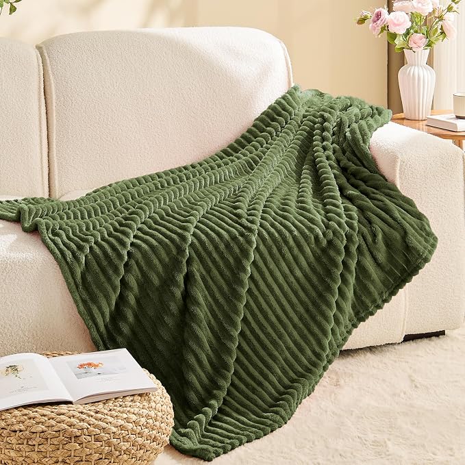 BEDELITE Ribbed Moss Olive Green Fleece Throw Blanket for Couch, 50x60 Inch | Soft Warm Decorative Fluffy Blanket, Cozy Plush Lightweight Fuzzy Throw Blanket for Bed Sofa Home Room Decor, Gift for Women