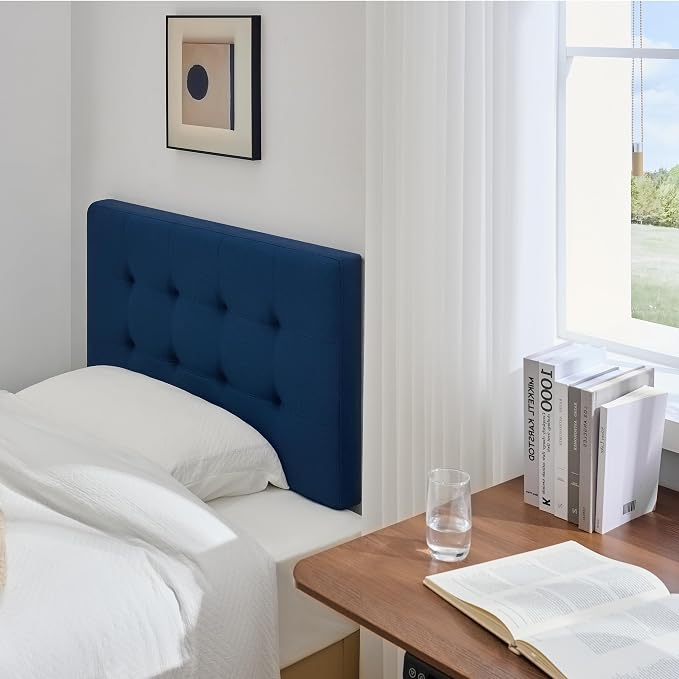 Linen Stitched Tufted Twin Headboard, Adjustable Height 37.2-46 in, Blue | Wood Twin Headboard Only, Padded Support for Reading, Relaxing or Working in Bed, Stable Non-Slip Design, Fits Bed Frame
