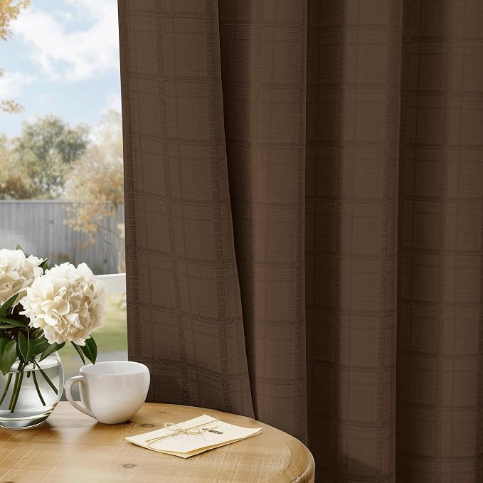 Beauoop Brown Plaid Jacquard Blackout Curtains for Bedroom 52x84 2 Panels | Gingham Checkered Room Darkening Drapes for Living Room 84 Inch Long Thermal Insulated Soundproof Window treatment Grommet