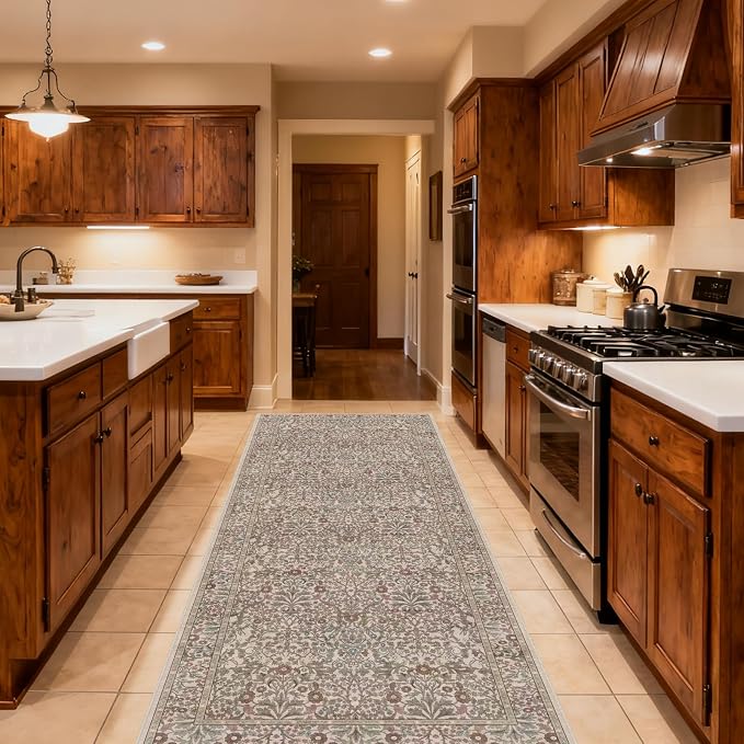 Washable 2'6" x 10' Runners for Hallways, Non Slip Long Floor Runner for Kitchen, Entryway Indoor, Stain Resistant Rubber Backing Floral Decor Rug (Moss)