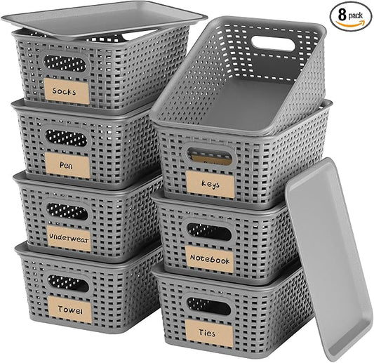 8 Pack Plastic Storage Baskets,Grey Stackable Bins with Lid | 5.3qt Storage Containers with Labels for Organizing Shelves Drawers Desktop Closet Playroom Classroom Office