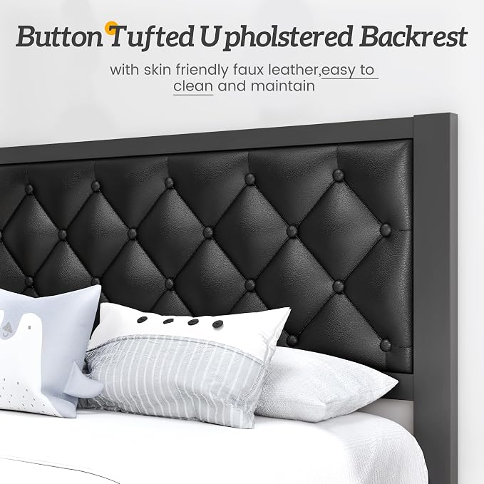 HISOFT Twin Bed Frame with Upholstered Button Tufted Headboard, Bed Frame Platform Metal Slats Support, Under Bed Storage, No Box Spring Needed, Noise-Free, Easy Assembly, Black