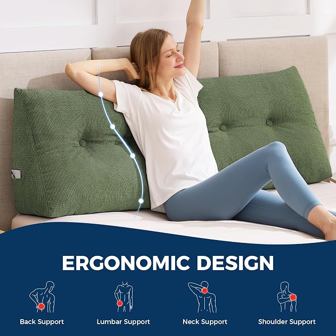 Headboard Pillow King, Wedge Pillow Headboard, Forest Green | Triangle Backrest for Headboard, Bed Pillow for Sitting Up Reading Working, Removable Cover, Side Pockets, for Bed Dorm Sofa