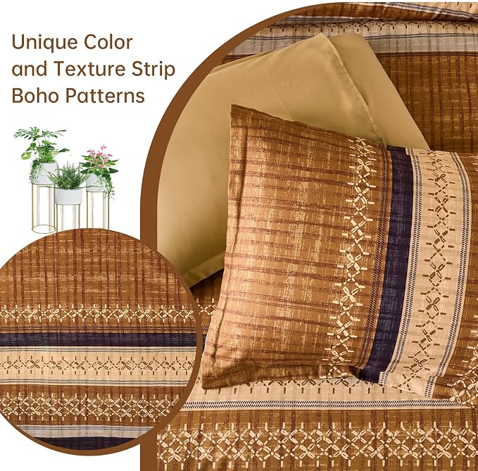 Dintszyayue Boho King Comforter Size Set, 8 Pieces Striped Texture Gold Purple Bed in a Bag Sets, Lightweight Soft Bohemian Comforter and Sheet Set, All Season Microfiber Bedding Sets for Men Women