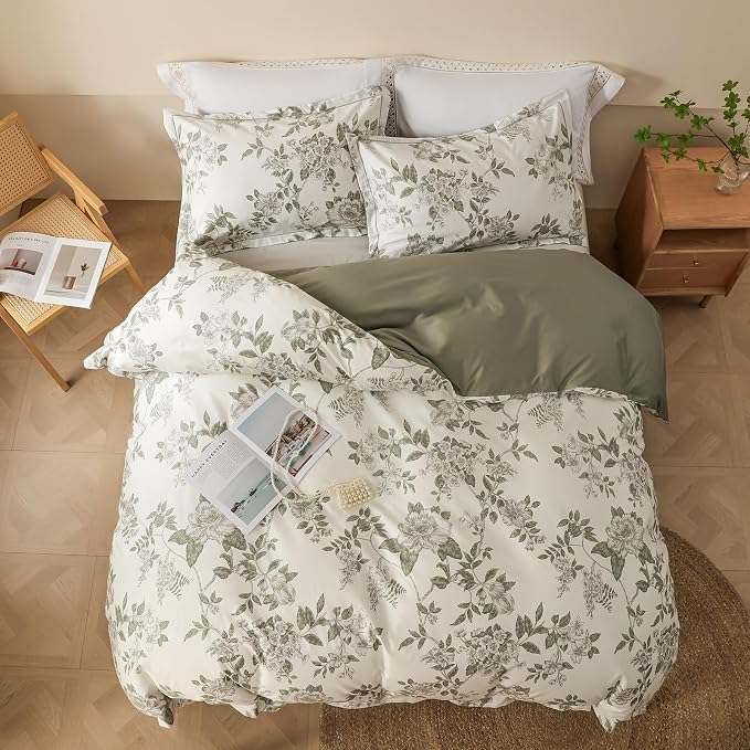 OAITE King Duvet Cover Set 3pcs 100% Cotton 600 Thread Count with Floral | Luxury Soft, Breathable,Long Staple Cotton,Dual Zipper,8 Corner Ties,Easy Care for All Season