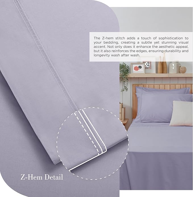 Linen Home 100% Cotton Percale Sheets Twin Size Pack of 2, Prelude Purple, Deep Pocket, 6 Pieces Set- 2 Flat, 2 Fitted and 2 Pillowcases, Crisp Cool and Long Staple Strong Bed Linen