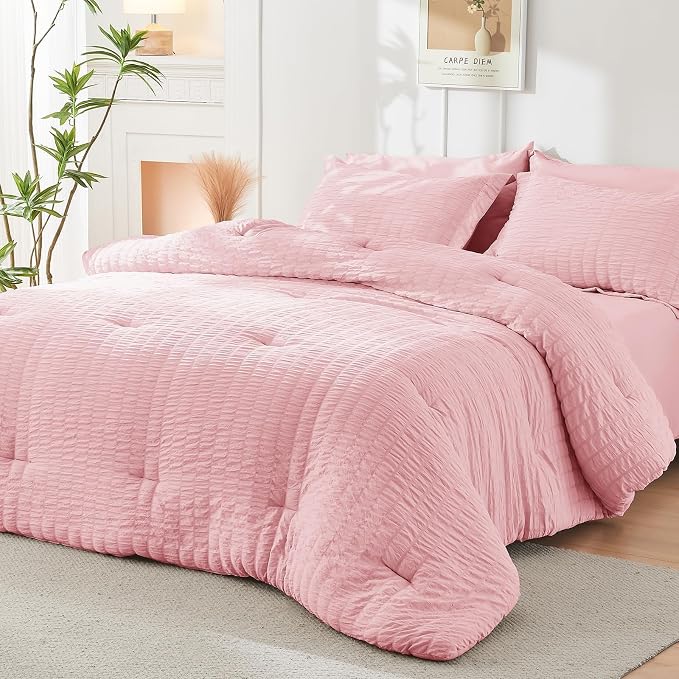 HYMOKEGE Pink King Size Comforter Set Seersucker 7 Pieces, All Season Luxury Bed in a Bag for Bedroom, Bedding Set with Comforters, Sheets, Pillowcases & Shams