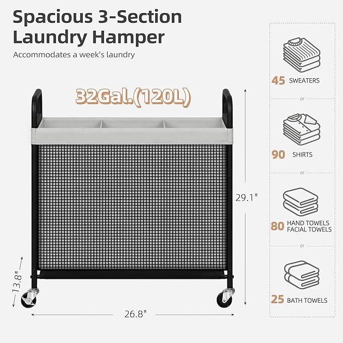 STORAGE MANIAC Rolling Laundry Hamper with Wheels 3-Section Laundry Sorter Rolling Laundrys Basket on Wheels with Removable Bag Clothes Hamper Laundrys Organizer Cart Bathroom Bedroom 120L Grey