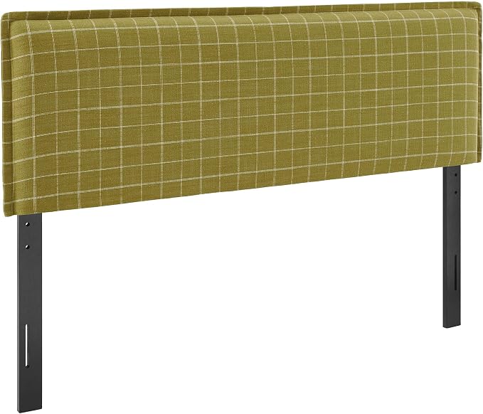 Modway Camille King Size Checkered Linen Blend Plaid Headboard with Removable Slipcover – in Artichoke Windowpane Check - Padded Pillow Style Headboard with Adjustable Mounting for King Beds