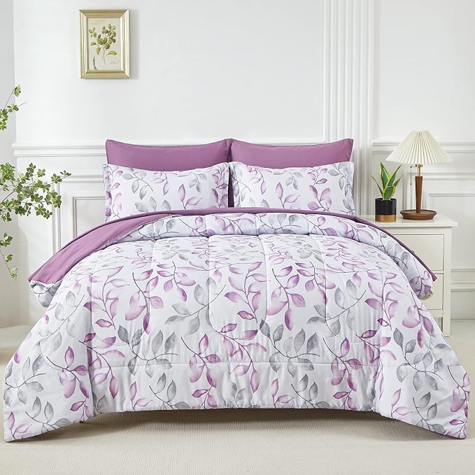 Yogeneg Botanical Comforter Set Queen Size 7 PCS Bed in a Bag,Purple Grey Leaves Printed on White Reversible Design,Soft Microfiber Bedding Complete Set for All Season(Purple,Queen)