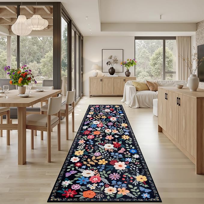 PLHXFR 3x10 Washable Runner Rug：Floral Indoor Kitchen Soft Carpet Black | For Hallway Bedroom Kitchen Laundry Bathroom Dorm,Vintage Floral,Machine washable,Non Slip,Stain Resistant,Indoor Floor