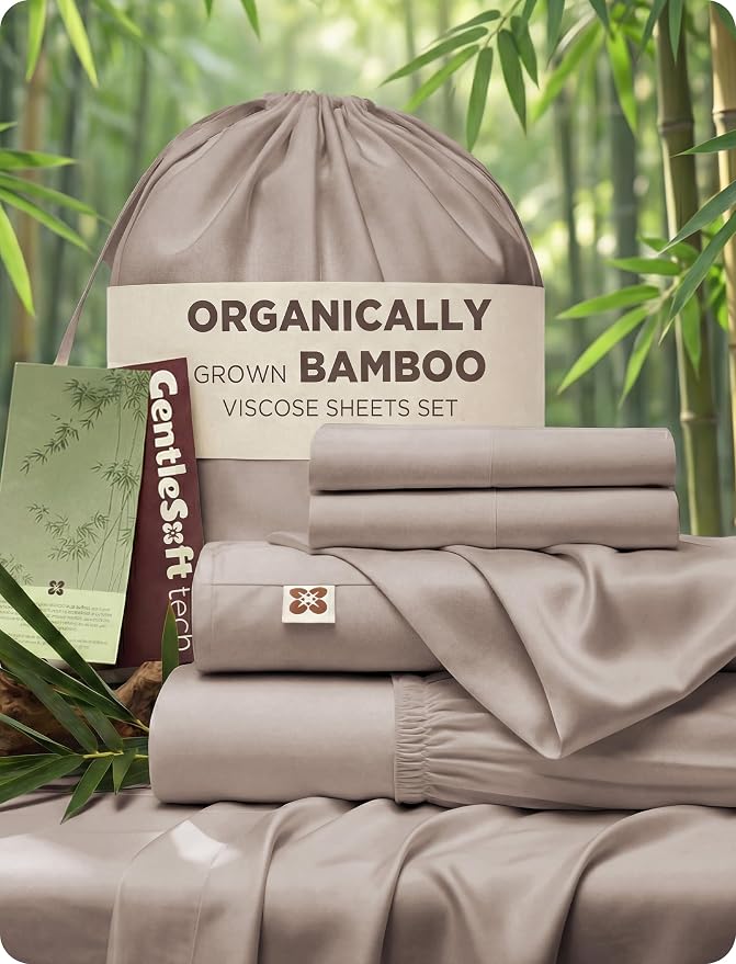 Bedsure PureWoven 100% Viscose Derived from Bamboo, California King Sheets | Organically Grown, Cooling Bed Sheet for Hot Sleepers, 18" Deep Pocket with Corner Straps, Luxury Silky Soft, Light Brown