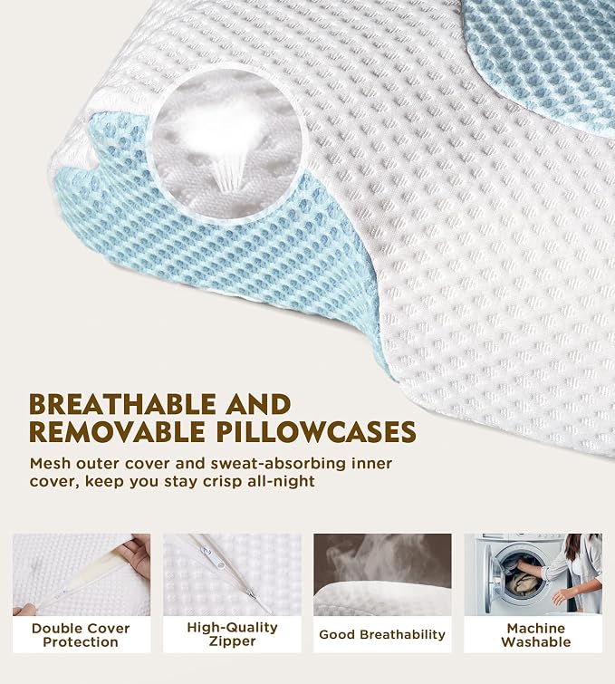 Cervical Pillow for Neck Pain Relief, Hollow Design Odorless Memory Foam Pillows with Cooling Case, Adjustable Orthopedic Bed Pillow for Sleeping, Support for Side Back Sleepers