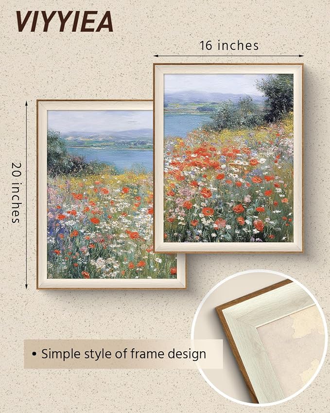 VIYYIEA Framed Coastal Wildflower Large Wall Art Set of 2, Impressionist Poppies Landscape Canvas Painting, Vintage Nature Scenic Wall Decor for Living Room Bedroom Office, 16x20 Inch