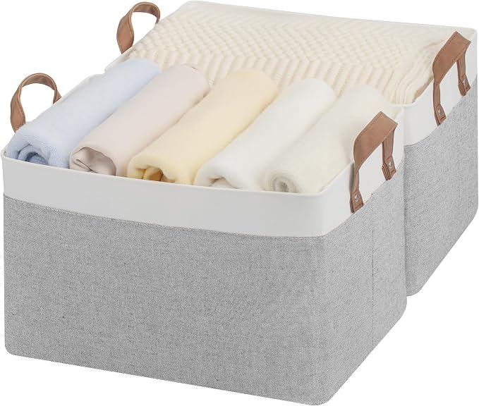 StorageWorks Fabric Storage Bin, Closet Bins, Gray and White, Large, 2-Pack | With Reinforced PU Handles, Metal Frame, Collapsible, Storage Basket for Shelves, Closet, Holds Clothes, Towels, Blankets