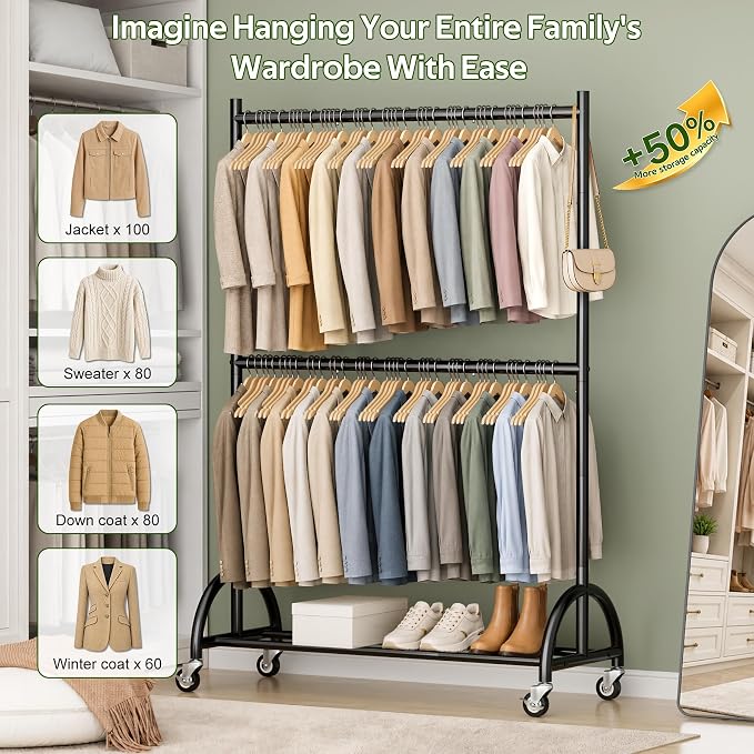 MISSLO Heavy Duty Clothing Racks for Hanging Clothes Double Rod Rolling Closet Rack with Wheels for Coats, Garment Storage, Black