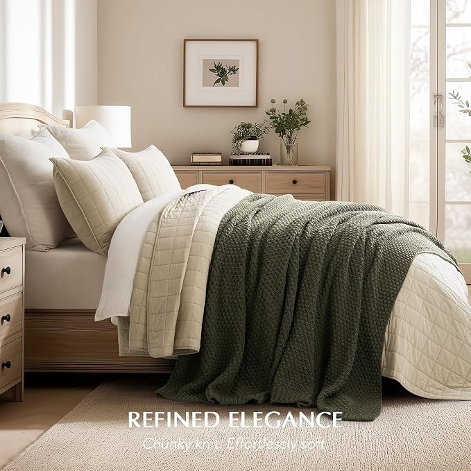 EVERGRACEHOME Chunky Chenille Knit Throw Blanket, 108x92, Olive Green | Sculpted Moss Stitch, Chic Modern Farmhouse, All-Season Warmth, OEKO-TEX® Certified, Oversized King for Couch, Bed, Sofa