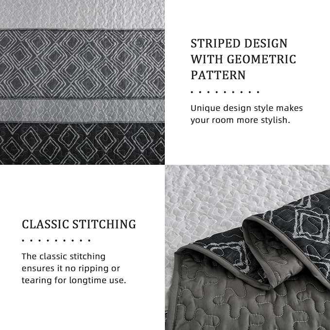 Cottolester Black White Quilt Set King,3 Pcs Boho Grey Striped Bedspread | Ultra Soft Summer Lightweight Coverlets Set for Men Women,Microfiber Patchwork Quilt Bedding Set for All Seasons 110"x90"