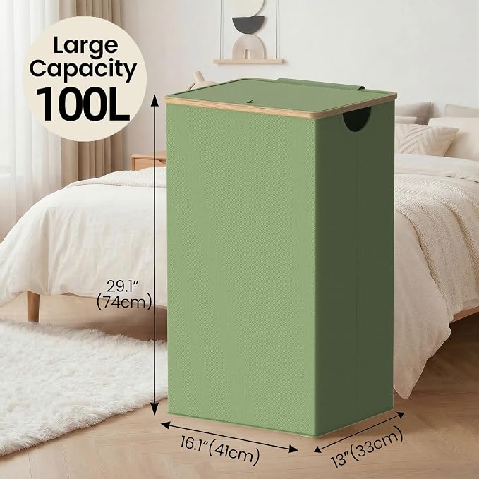 efluky 26 Gal Laundry Basket with Lid and Net Bag, Tall Laundry Hamper with Bamboo Handles, Aesthetic Dirty Clothes Bin for Laundry Room, Bathroom, Bedroom and Dorm, Green